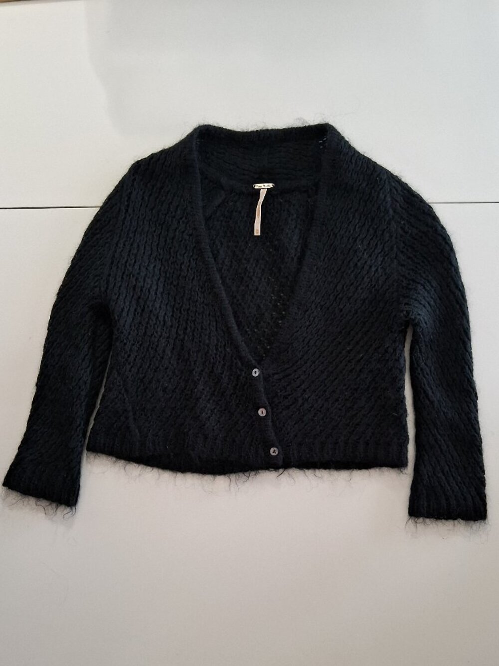 Free People Short Black Cardigan (FP One) - Textured Mohair-Style Knit